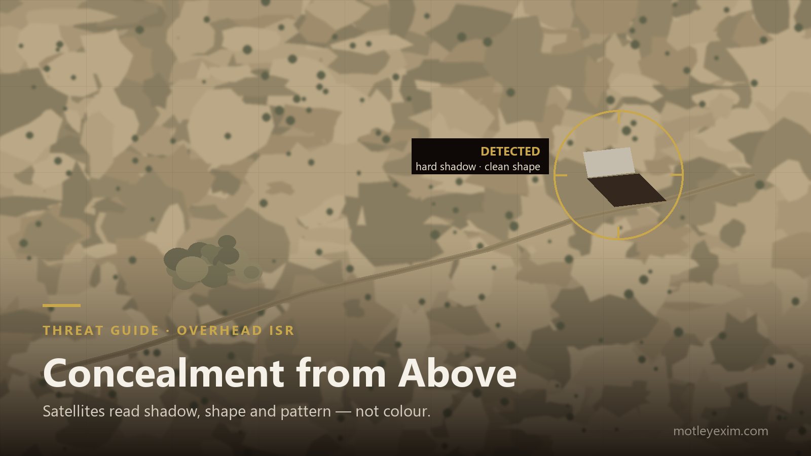 Overhead-view illustration — an exposed vehicle casting a hard shadow marked by a targeting reticle, beside a camouflaged position blending into the terrain