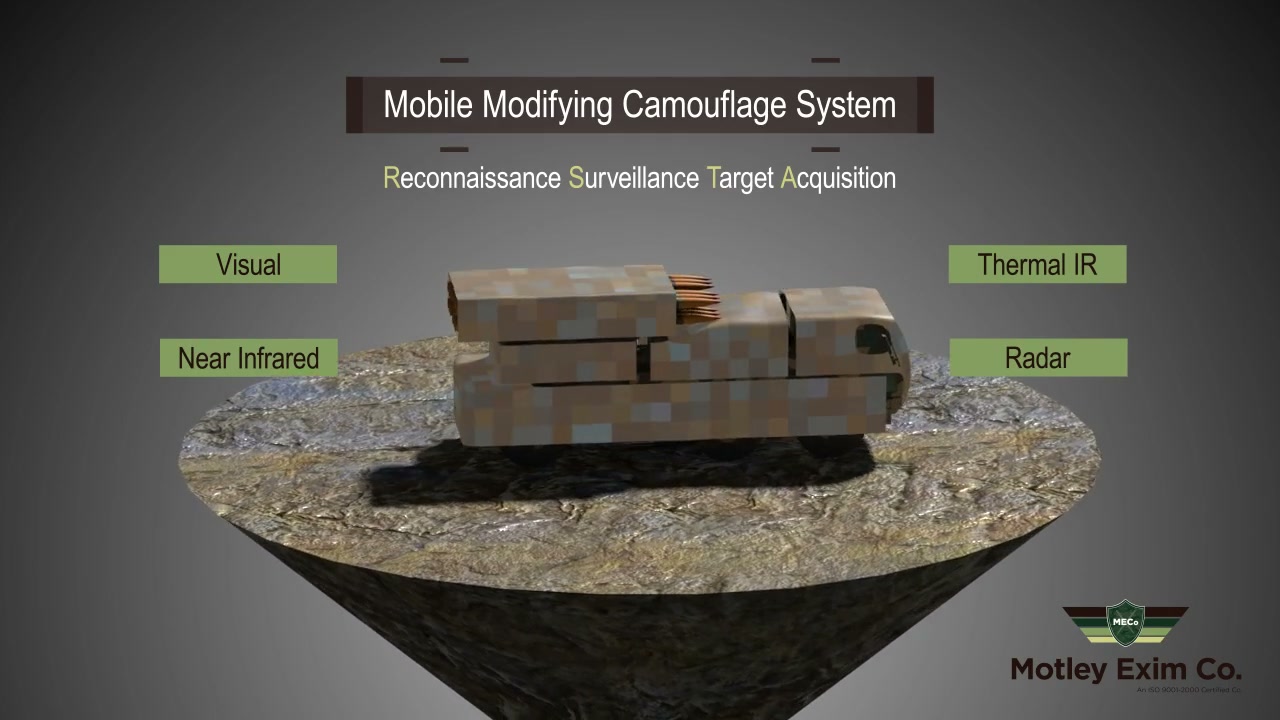 Programme 01 — camouflaged vehicle showing multi-spectral concealment across visual, thermal IR, near-infrared and radar bands
