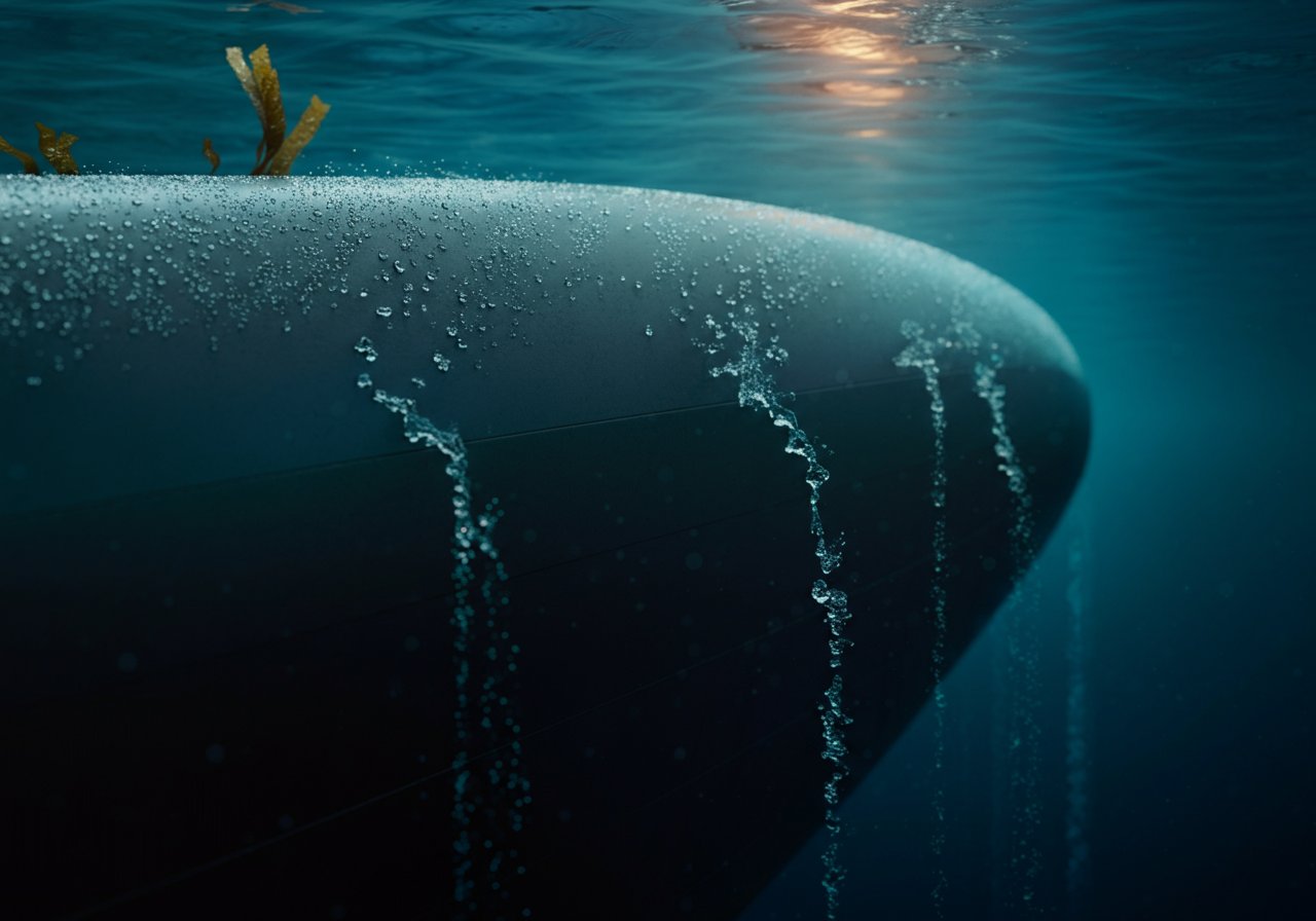 Conceptual rendering: water beading off a superhydrophobic-coated underwater hull surface