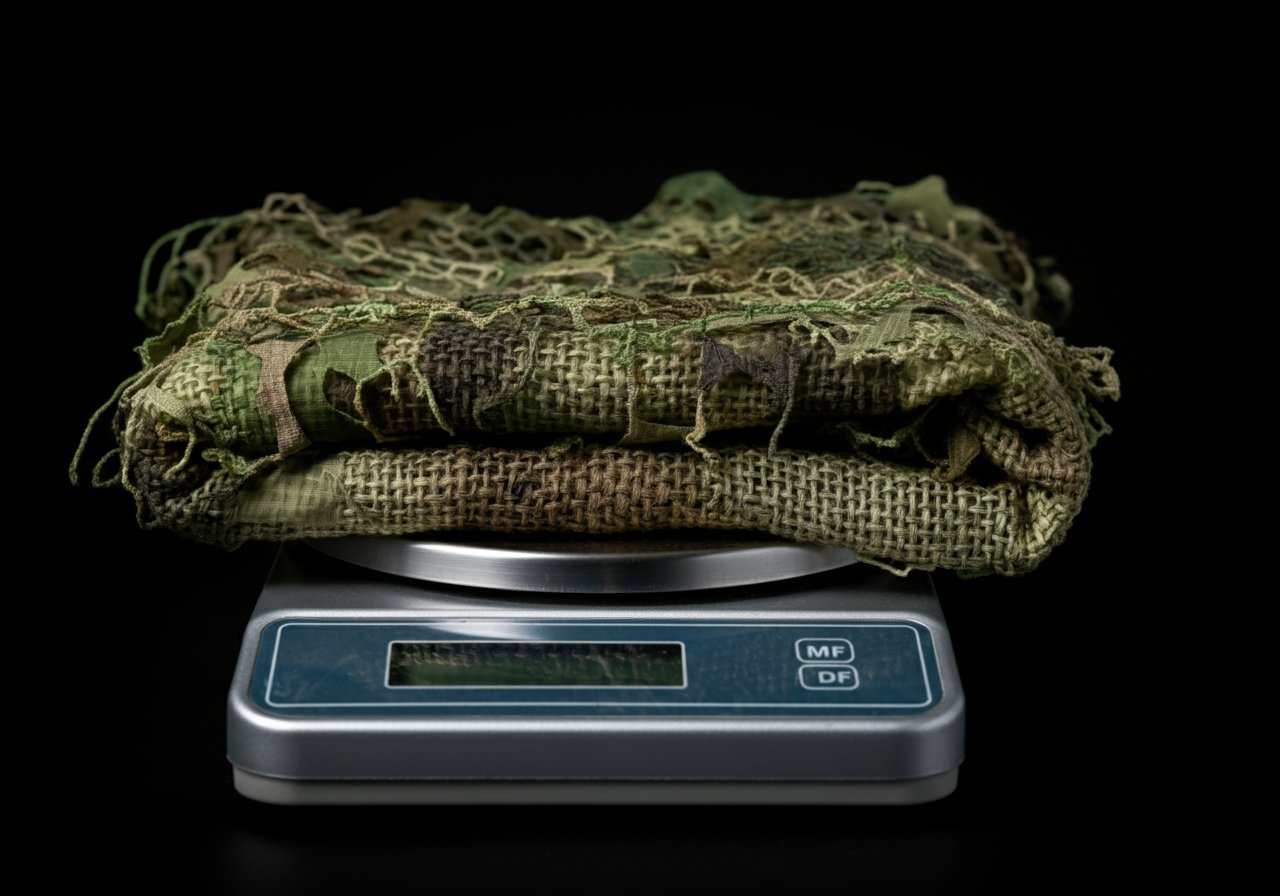 Conceptual rendering: ultralight woven camouflage ghillie fabric on a precision laboratory scale