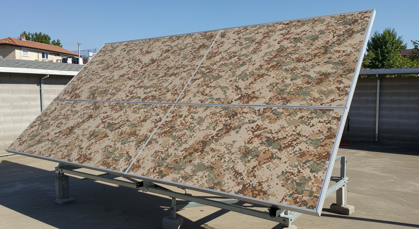 Solar panel with digital-camouflage overlay applied to its front face, mounted on an outdoor frame