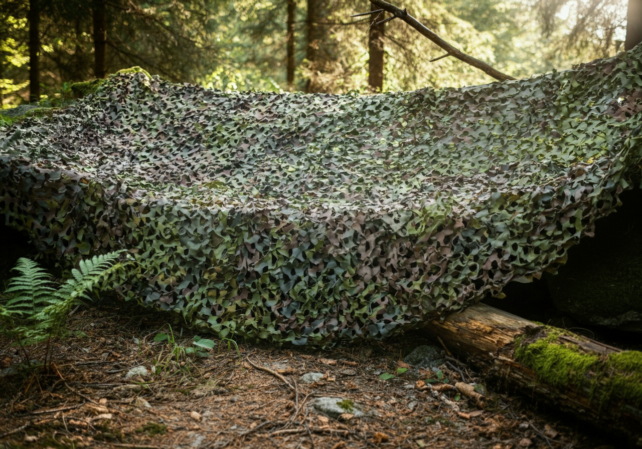 Multi-spectral camouflage net deployed over an object in forest understorey, blending into foliage and ground litter